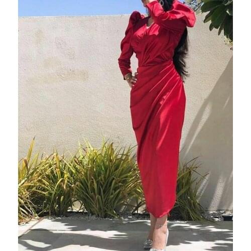 Vintage Long Sleeve Satin Evening Dresses High Neck Ankle Length Zipper Back Pleated Formal Party Dress for Women