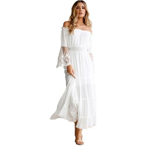 Women White Dresses Word Collar Long Sleeve Big Swing Dress Fashion Ladies Chiffon Flared Sleeve Long Dress Holiday Party Dress