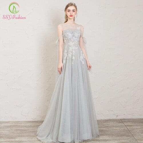 SSYFashion New Grey Evening Dress Banquet Elegant Lace Appliques Formal Prom Gowns Special Occasion Dresses Vestidos De Noche