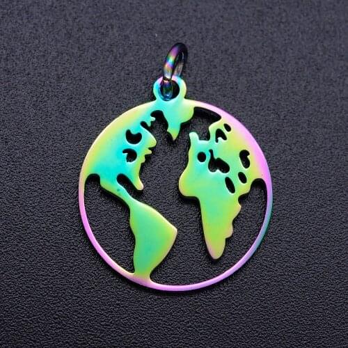 5pcs/lot 100% Stainless Steel World Map diy Charms With Rainbow Plated Wholesale For Earring Making Never Rust