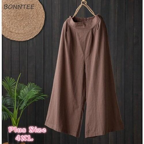 Casual Pants Women Solid Loose Elastic Waist Ankle-length Fashion Breathable Wide-leg Trousers Large Size 4XL New Summer Vintage