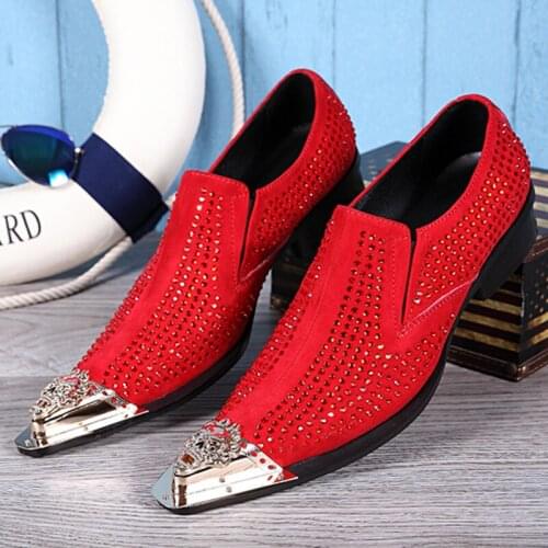 Christia Bella Personalized Fashion Male Red Rhinestone Suede Leather Party Shoes Mens Plus Size Golden Pointed Toe Dress Shoes