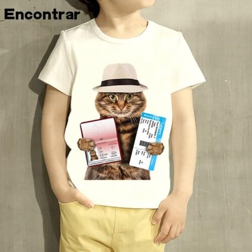 Kids Cat With Passport Design T Shirt Boys/Girls Great Casual Short Sleeve Tops Children Cute T-Shirt,HKP2200