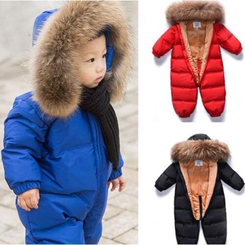 Kids down climbing suit baby jumpsuit thick ski suit natural big fur collar 0-5 years old