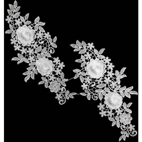 2PCS White Elegant White Black Cotton Lace Fabric 3d Flowers Motif Appliques Embroidery Sew Patch Dress Blouse Clothing Ornament