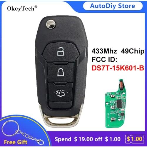 Okeytech 3 Buttons 433Mhz Remote Flip Control Car Key For Ford Fusion Escort Explorer FCC:DS7T-15K601-B ID49 Transponder Chip