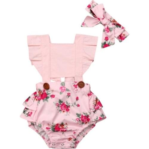 0-24M Baby Girl Flower Ruffle Romper Newborn Backless Jumpsuit Headband Girls Sunsuit Outfit 2pcs Baby Summer Clothing