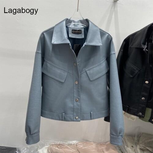 Lagabogy New Women Loose PU Faux Leather Jackets Ladies Turn Down Collar Single-Breasted Coat Female Moto Biker Outwear
