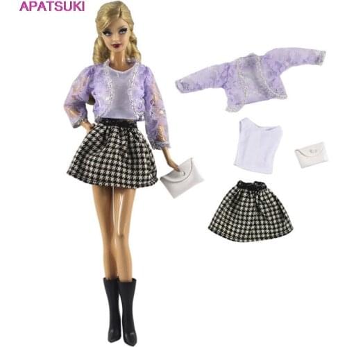 Fashion Doll Clothes Set for Barbie Doll Outfits Purple Coat White Tank Plaided Skirt Bag Costume 1/6 Dolls Accessories Kids Toy