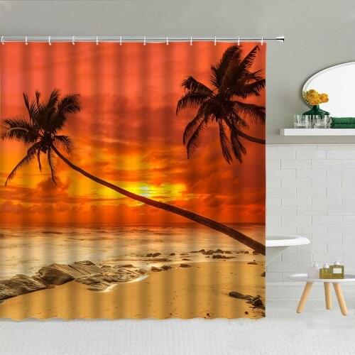 Seaside Sunset Landscape Shower Curtain Ocean Beach Waves Coconut Tree Sea Scenery Wall Backdrop Bath Decor Waterproof Curtains