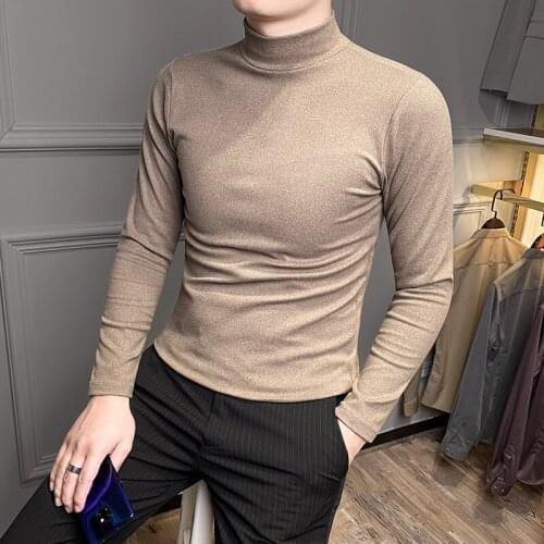 2021Casual Men High Quality Spring And Autumn Solid Color Half A Turtleneck Long Sleeve Slim Base Shirt Mens Double-Faced Pile