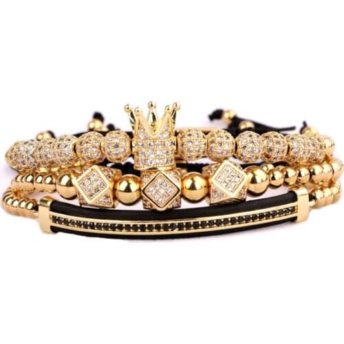 Luxury CZ Micro Pave Ball Crown Bracelets Men Women Braided Beaded Adjustable Bracelet Set