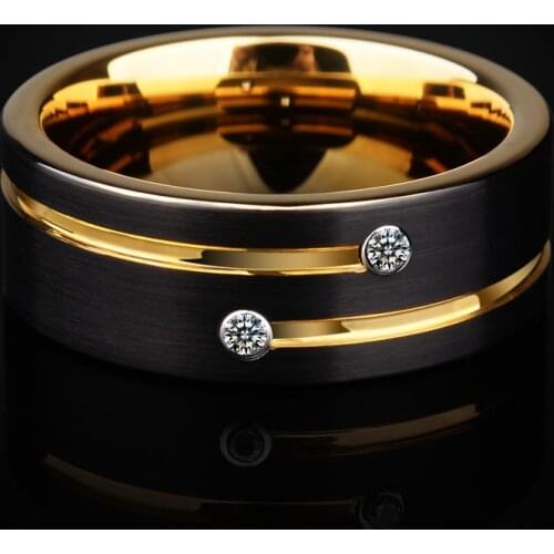 2019 New High Polished 8mm Width Mens Wedding Bands Gold/Black Two Tones Tungsten Rings with Gold Groove CZ Stone Size 6-13