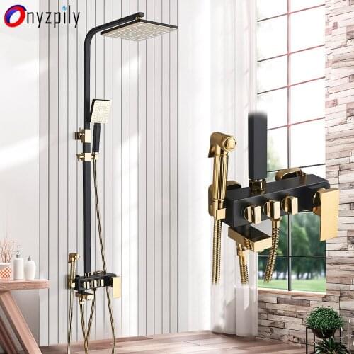 Onyzpily Gold Shower Faucet Bathtub Bath Rainfall Shower Mixer Tap Wall Mount Shower System Kit Hot Cold Water Shower Mixer