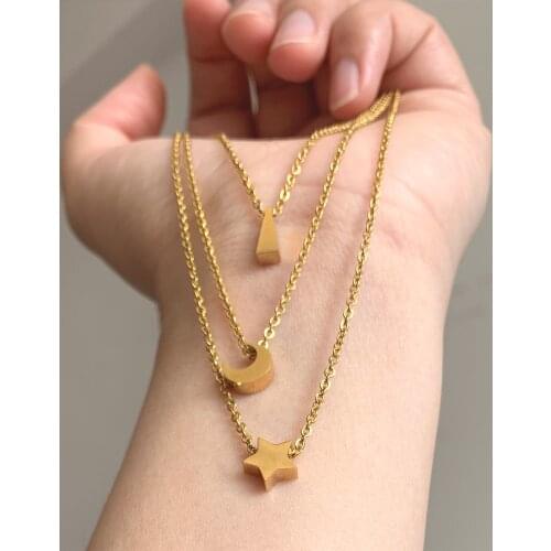Cute Small Moon Geometric Star Shape Pendant Necklace for Women Men Simple Trendy Gold Color Glossy Steel Charm Necklaces