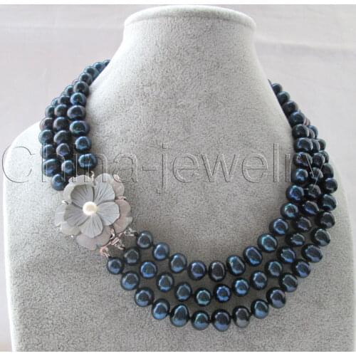 P6073-3row 17-19" 8-9mm natural black round freshwater pearl necklace - shell