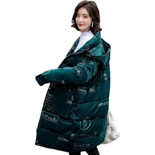Winter Parkas Women Jacket Casual Hooded Long Sleeve Warm Letter Print Long Coats Female Cotton Padded Parka Overcoat Outerwear
