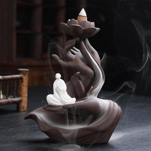 Gift 10Cones White Ceramic Incense Censer Buddha Hand Backflow Incense Burner Lotus Incense Stick Holder