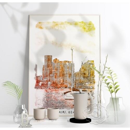 Watercolor City Usa Miami Poster, Beautiful Usa Scenery Art Print, Miami World Travel Wall Stickers Home Kids Room Decor Gift