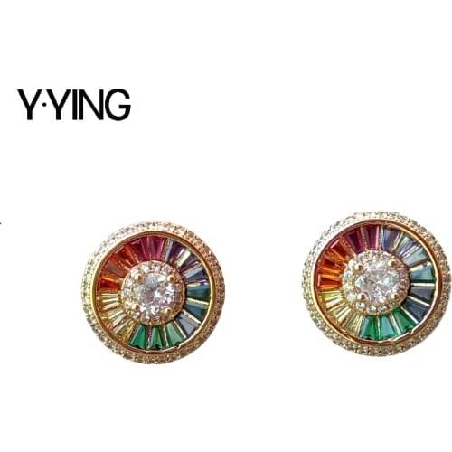 Ranbow Cubic Zirconia micro pave Gold color Plated Stud Earrings
