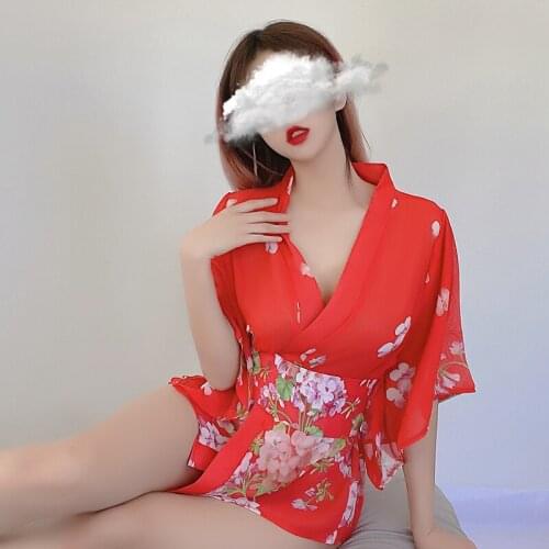 Sexy Japanese Kimono Bathrobe Flower Print Chiffon Pajamas for Women Cosplay Costumes Temptation Yukata Lady Cardigan Short Robe