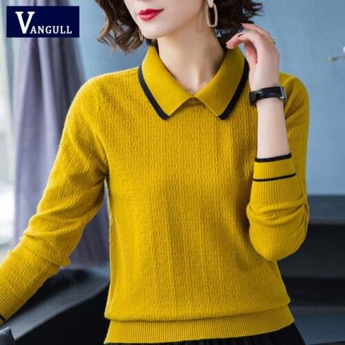 Vangull Patchwork Knitted Women Pullovers 2021 Autumn Turn-down Long Sleeve Female Sweater Fashion Loose Casual Ladies Sweater