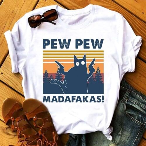 Pew Pew Madafakas Vintage T Shirt Funny Sci-fi Movie Inspired Black Cat Graphic Cotton Tees