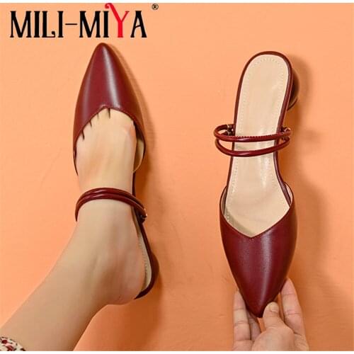 MILI-MIYA Fashion Pointed Toe Women Cow Leather Mules Low Round Heels Solid Color Dress Party Summer Shoes Handmade Size 34-43