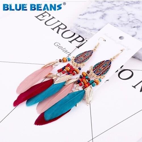 Feather earrings Handmade women tassel bohemian statement luxury long earring geometric fringe fashion big tribal star ethnic CC