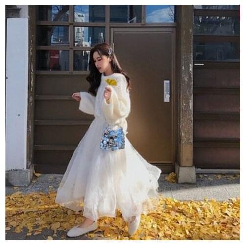 2021 Women Autumn Winter New Two Piece Sets Female Long Sleeve Knitted Pullover Tops Ladies Loose Long Mesh Skirts Suits Y493