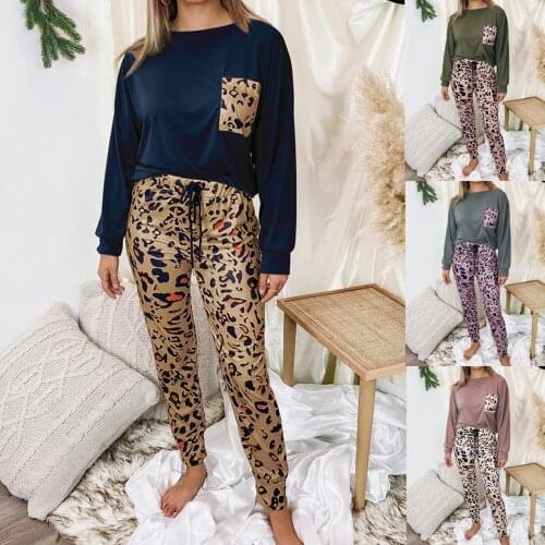 2021 Autumn Womens Casual Home Suit Leopard Print Long Sleeve Trousers Two Piece Womens Suit Crop Tops Long Pants