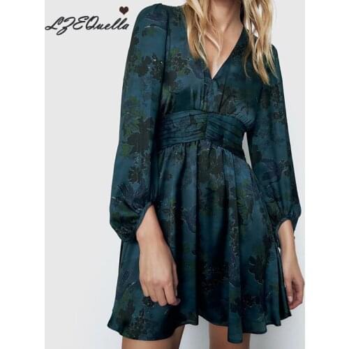 LZEQuella V-Neck Black Print Sexy Backless Mini Dress Women Long Sleeve Spring Summer Boho Dresses Elegant Daily Clothes 2021