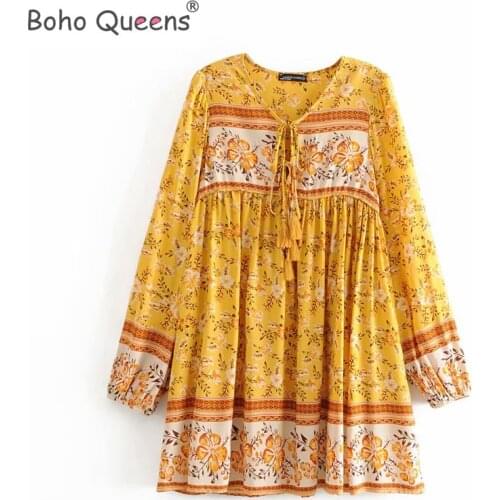 Boho Queens women tie neck floral print tassel beach Bohemian mini dress Ladies ethnic rayon cotton happie Boho dress vestidos