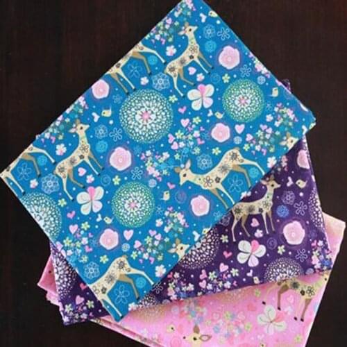 ZY DIY Pretty 24x24cm 3 Colors Christmas Flower Deer Printed Cotton Linen Fabric Bundle