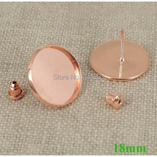 18mm New Rose Golden Blank Bases Round Bezel Tray Pin Stud Earrings Post w/ Bullet Stopper Settings Findings Wholesale