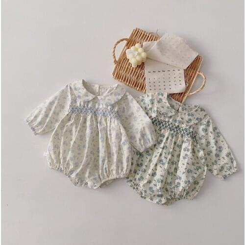 2021 Newborn Romper Baby Girl Summer Clothes Long Sleeve Floral Sweet Lapel Infant Toddler Rompers Cotton Soft Draw Back Outfits