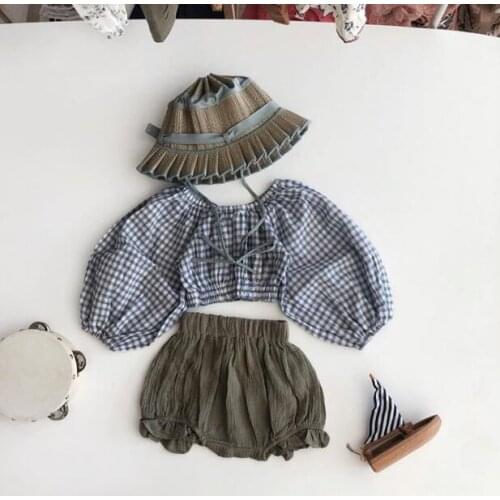 2021 Korea style girls boys 2 pcs set plaid shirt + shorts summer cotton babys suit 0-3 years YX428