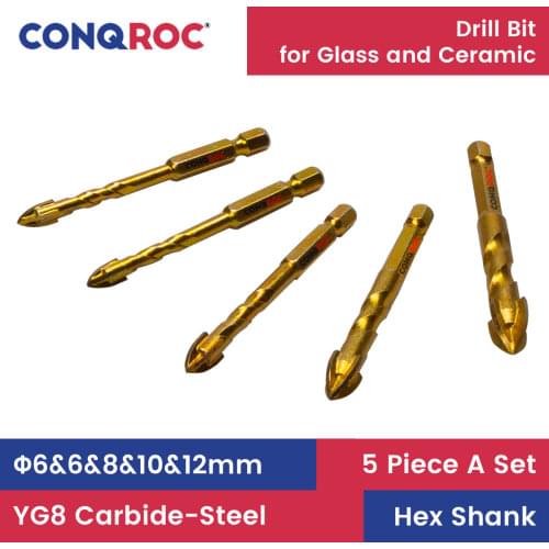 5 Pieces Titanium Coated YG8 Mirror Glass Alloy Drill Bits Set Cross Spear Head Ceramic Tile Drill Bits Kit Hex Shank