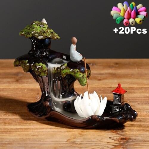 Zen Rockery Landscape Home Decorations White Porcelain Lotus Incense Stick Cone Censer Ceramic Waterfall Backflow Incense Burner