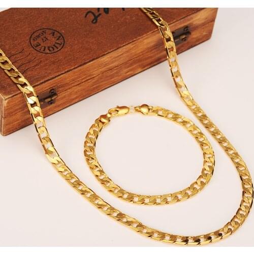 Bangrui 60cm & 21cm Jewelry Sets Mens Fashion Jewelry Trendy Gold 7MM Curb Link Chain Brazil Bracelet Necklace Set Wholesale