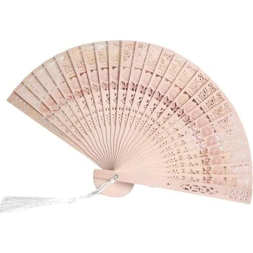 Wood Portable Fan Traditional Craft Sandalwood Fans Wedding Favors Chinese Carved Openwork Folding Fan