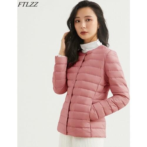 FTLZZ Winter Light Thin Soft Down Breasted Short Jacket Women 90% White Duck Down Warm Coat Single Solid Slim Fashion Outwear