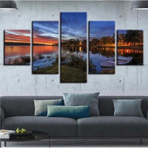 Canvas HD Prints Painting Home Decor 5 Pieces Sunset Ship Lake Pictures Wall Art Tree Natural Landscape Poster Modular(No Frame)