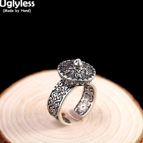 Uglyless Spinning Yurt Thai Silver Rings for Men Women Unisex Religious Gifts Jewelry925 Silver Six Words Mantra Rotating Rings