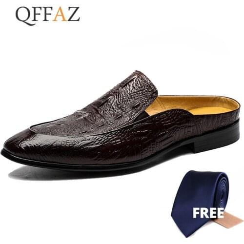 QFFAZ Hot Sale Leather Shoes Men Casual Genuine Leather Moccasins Loafers Slip-on Shoes Breathable Male Flats Half Slippers