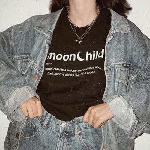 Kuakuayu HJN Moon Child Unisex Women Oversized Saying Tees Short Sleeve Graphic Slogan Summer Top Aesthetic Cotton Tumblr Tshirt