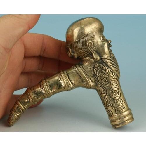 Copper Brass CHINESE crafts decoration Asian Chinese Old Hand Bronze Carved Buddha Sage Statue Walking SticK Head