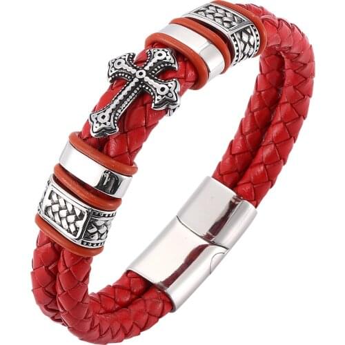 Yage 12mm Width Braided Leather Men Bracelets 316L Stainless Steel Cross Charms Cuff Bracelets Bangles Trendy Male Jewelry