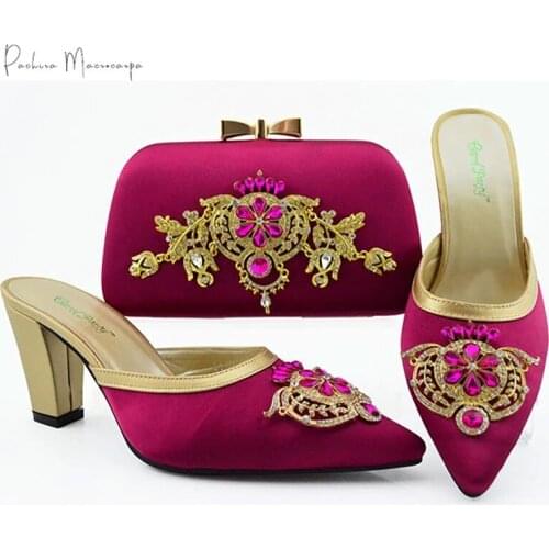 New Nigerian Fashion Italian Design Party Wedding Ladies Shoes and Bag Set With Rhinestone and Metal Decoration in Maganta Color