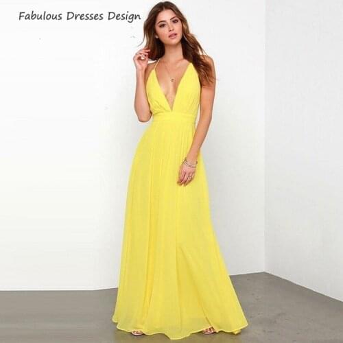 Sexy V Neck Long Prom Dresses Criss Cross Backless A Line Evening Dress 2020 Party For Women Yellow Chiffon Vestido De Fiesta
